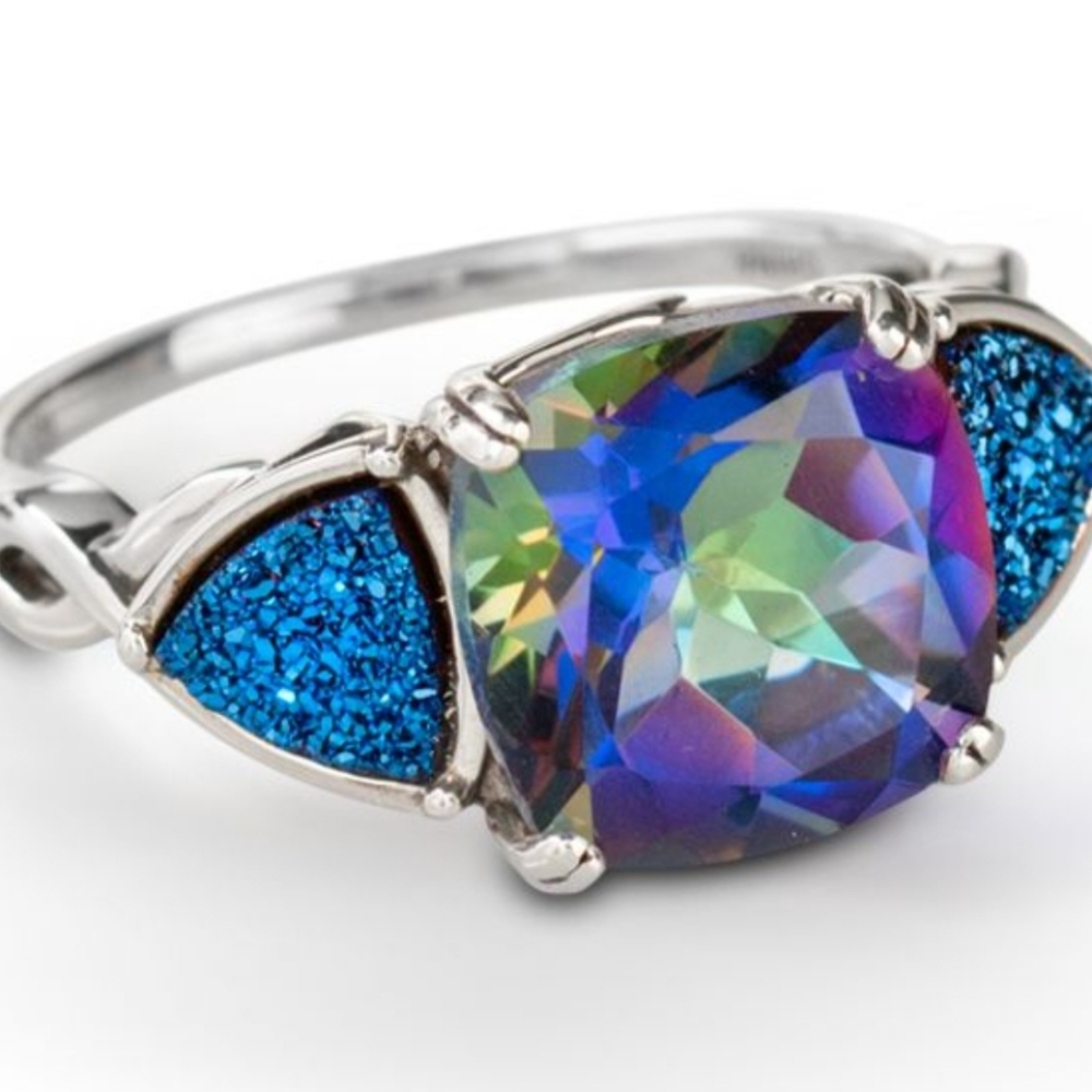Genuine Mystic Topaz & Druzy Quartz Ring in Sterling Silver Size 10!